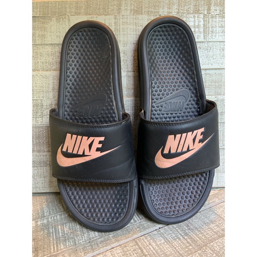 Nike Benassi JDI Black Rose Gold Open Toe Slip On Slides Sandals Women's Size 11